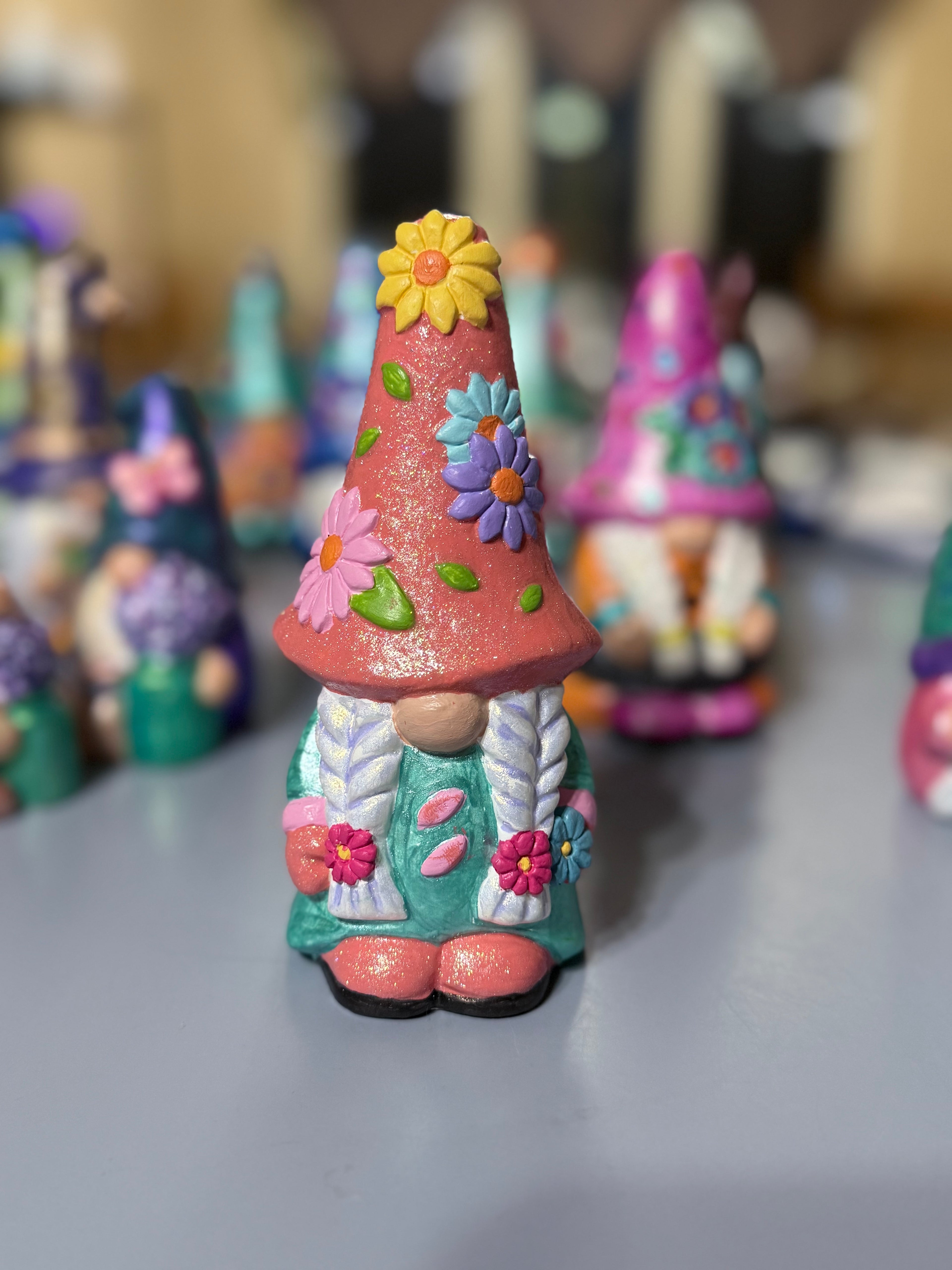 Hand-Painted Boho Spring Garden Gnome with Floral Hat - One of a Kind