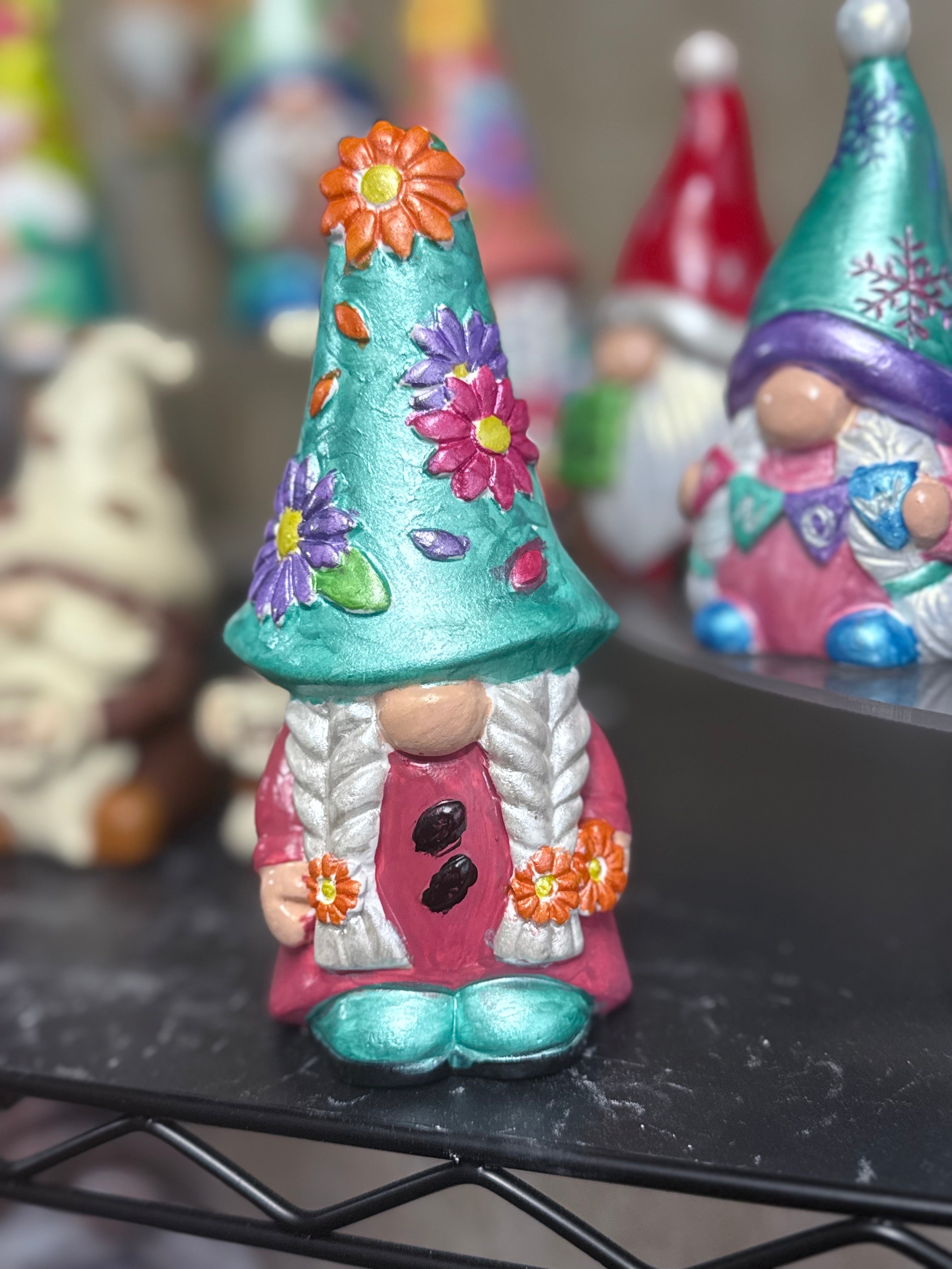 Turquoise Floral Garden Gnome - Hand-Painted Ceramic with Metallic & Iridescent Accents